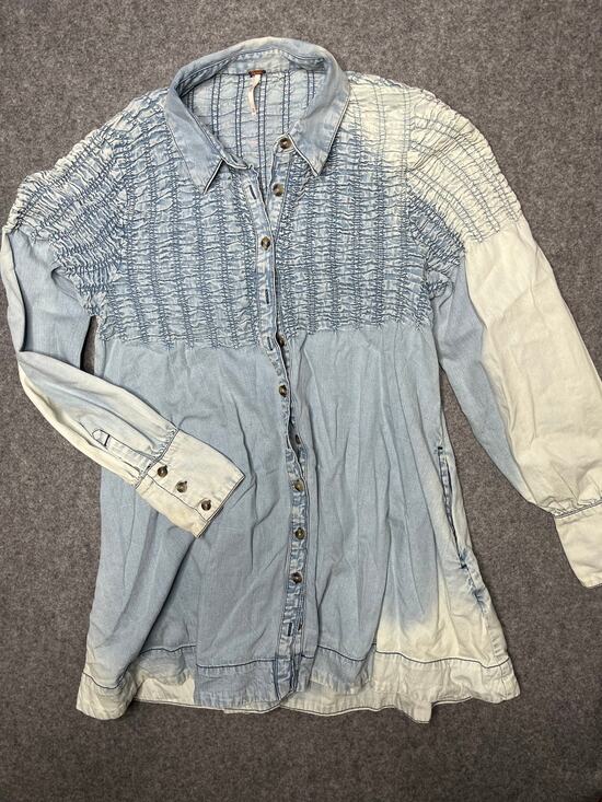 Free People Dresses & Skirts - Free People Smocked Bleached Denim Find Me Now Mini Dress Long Sleeve Buttons XS